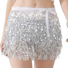 Women Sequin Skirt Tassels Belly Dance Hip Scarf Sparkly Rave Fringe Wrap Skirt - Bạc - Xem 5