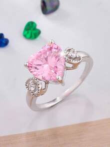 1pc White Gold Plated Heart Shaped Synthetic Zirconia Ring, Elegant Style Suitable For Women To Wear On Dates, Banquets, Parties, Birthdays, Graduations And Other Occasions
