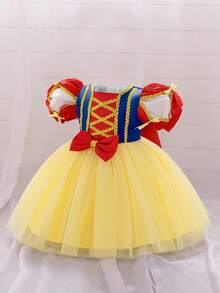 女婴黄色泡泡袖刺绣网眼华丽公主裙，适合派对