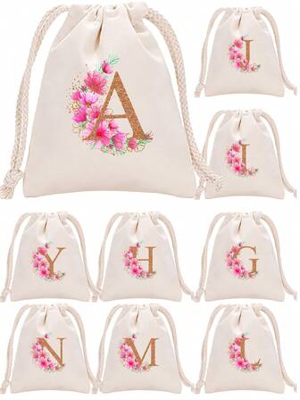 1 st. mini presentpåse med guldfärgade blommor och bokstäver, smyckespåse i linne med dragsko, perfekt för bröllop, brudtärnor, studenter, ryggsäck i canvas, lätt dragskoväska, tecknad ryggsäck med stor kapacitet, lätt dragskoväska i avslappnad stil, lämplig för Halloween, Thanksgiving, jul, fester, födelsedagar, helgdagar, jul, alla hjärtans dag, familje- och vänträffar som presenter