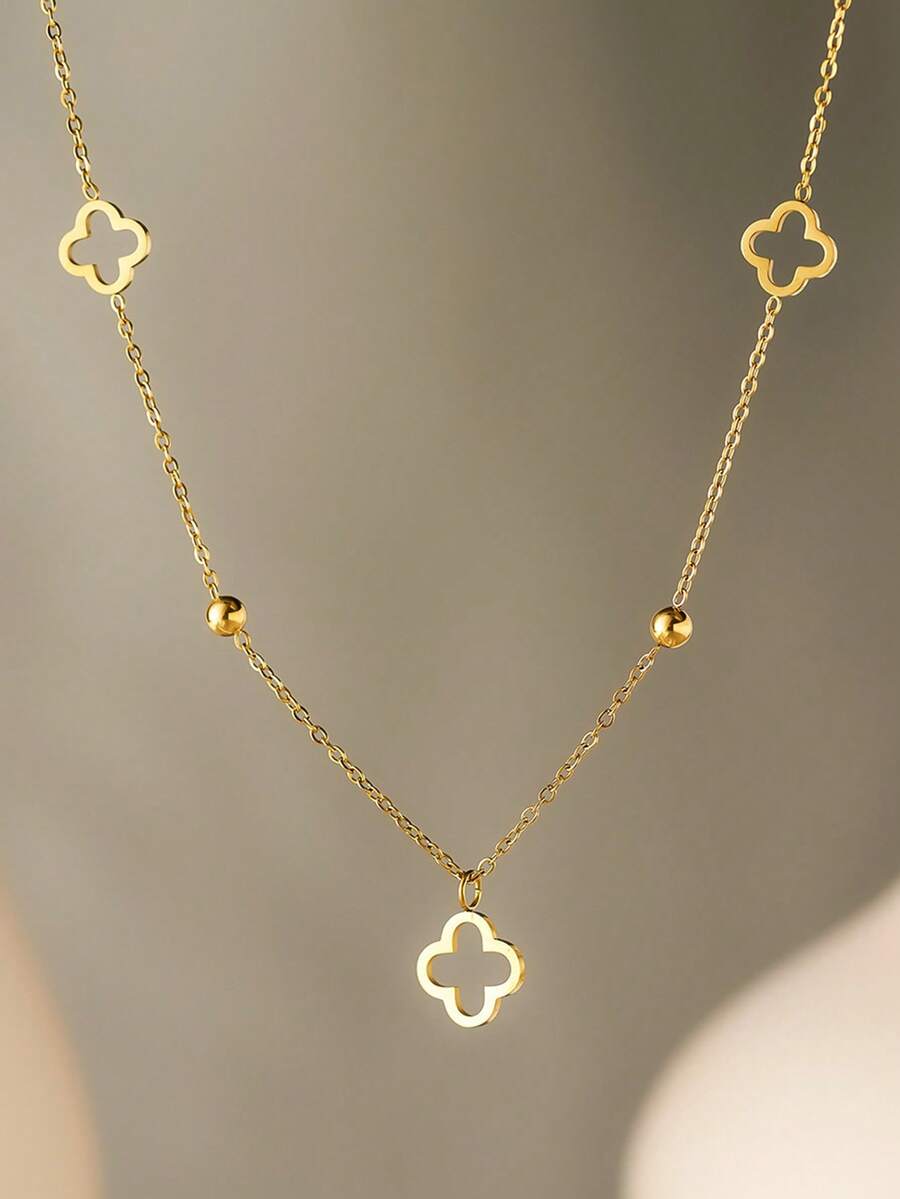 1 pezzo Collana a girocollo con ciondolo a quadrifoglio placcato oro 18K, design minimalista alla moda con perline, resistente alla scolorimento - Dorato - Visualizzare 1