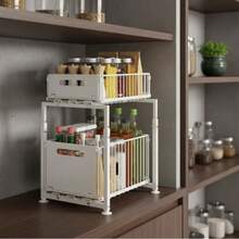 Organizador de 2 niveles debajo del fregadero con cajones de metal extraíbles, gabinete de almacenamiento de hierro para cocina y baño, altura ajustable, blanco - Blanco - Ver 2