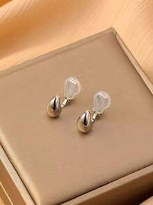 1 Pair Fashionable Mini Water Drop Copper Earrings For Women, Clip-On Earrings With Elegant Vibe, Suitable For Daily Wear And Gifts - Ear Clip - View 3