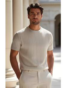 Men's Formal Shirt, Modal Knit, Elegant T-Shirt - Creme - View 3
