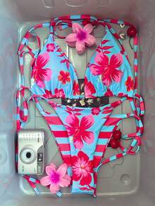 女士新款休闲可爱蓝粉色碎花条纹双面比基尼套装 - 彩色 - 查看 3