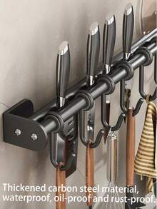 1PC Stainless Steel No-Drill Kitchen Rack, Spatula And Spoon Storage Holder, Retro Farmhouse Style DIY Wall-Mounted Pot Rack, Detachable Kitchen Utensil Hooks (Black). - Multicolor - View 8