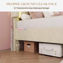 SHA CERLIN Cama tapizada de tamaño individual/doble/queen con luces LED, cabecero de terciopelo ajustable con diseño ondulado, sin ruido, plataforma de cama de listones de madera, fácil montaje, sin necesidad de caja de resortes, color crema - Crema - Ver 5