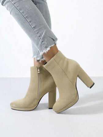 Timesize รองเท้าบูทหุ้มข้อกันน้ำพื้นหนาส้นสูงสีแอปริคอทสำหรับผู้หญิง, รองเท้าบูทสั้น, รองเท้าบูทแฟชั่น, รองเท้าบูทส้นสูง, รองเท้าบูทส้นสูงพิเศษ