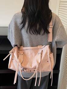 高品质女士通勤手提包/单肩包，新款大容量托特包，摩托车包 - 粉色 - 查看 4