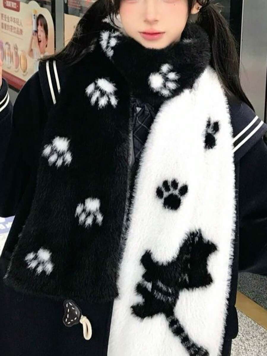 هذا الوشاح المصنوع من الفليس القابل للعكس بنقشة بصمة قدم القطة الأسود والأبيض هو هدية مثالية لصديقتك أو أفضل صديقة لك. إنه دافئ وصديق للبشرة ويمكن استخدامه أيضًا كشال للسيدات. - متعدد الألوان - مشاهدة 1