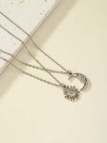 2pcs/set Sun & Moon Pendant Necklace - Silver - View 4