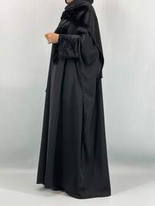 Pretty Fashion Muslim Dress Bell Sleeve Black Abaya Modest Women Kimono Robe With Scarf - Black - View 3