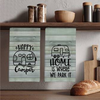 MEMNUN 2pcs Camping Themed Woodgrain & "Happy Camper" Text Pattern Kitchen Towels, 15.75*23.62in (40*60cm), Made Of Super Soft And Absorbent Microfiber, Perfect For Dish Drying, Tea Cups, Bathroom & Dining Decor, Cooking & Baking