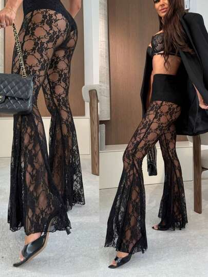 1pc Polyester Lace Patchwork Mesh Pattern Women's Pants, Suitable For Night Out, Airport, Singles Party, Date, Birthday Party, Back To School Party In Spring And Autumn, Black Lace Floral, Sexy, European Style, Slimming, Flared Leg, Slit, Suitable For Halloween, Thanksgiving, Day Of The Dead, Christmas Eve, Christmas, Boxing Day, Cyber Monday