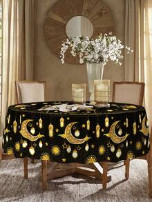 1件斋月涤纶桌布，饰有金色月亮、灯笼和星星图案，适用于斋月装饰、开斋节家居、厨房、餐厅、室内外餐桌装饰、宰牲节庆祝活动用品以及伊斯兰斋月家居装饰。 - 彩色 - 查看 5