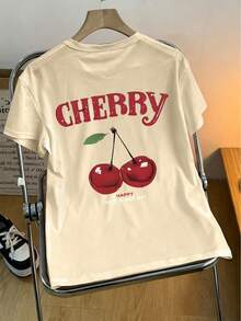 女装夏季新款简约樱桃与口号印花休闲度假风宽松百搭圆领短袖T恤时尚日常上衣适合日常度假穿着。 - 杏色 - 查看 6