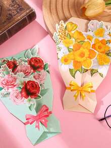 3pcs (Random Style) 3D Greeting Cards For New Year, Holiday, Floral Bouquet, Valentine's Day, Christmas, Thanksgiving, Message Cards, Gifts