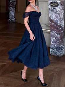 浪漫假日公主腰喇叭圣诞闪亮派对礼服，女士舞会礼服 - 藏蓝色 - 查看 2