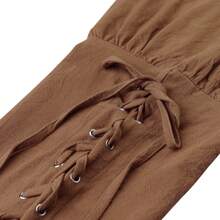 Men's Solid Color Drawstring Waist Medieval Costume Cosplay Renaissance Viking Pants - Brown - View 9
