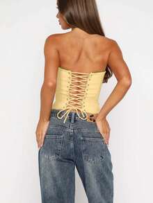 Women Bandage Back Off Shoulder Tube Tops - Yellow - View 2