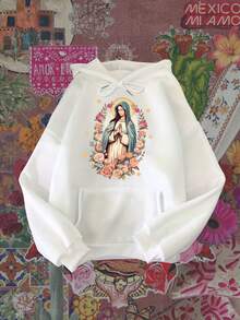 Sudadera con Capucha Unisex - Ropa religiosa católica, decorada con una imagen de Nuestra Señora de Guadalupe y patrones de rosario floral, sudadera con capucha ajustable, adecuada para uso en otoño e invierno, lavable a máquina, adecuada para uso diario casual y ocasiones especiales - Ropa cristiana, otoño e invierno, ropa religiosa, cómoda y ajustada, moda de otoño, tela duradera, moda religiosa, ropa religiosa - Blanco - Ver 6