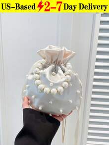 Mini Faux Pearl & Rhinestone Decor Bucket Bag Fashion Luxury Chic Mini Pearl Handle Bucket Shape Shoulder Bag Pearl Beaded Evening Handbag Custom Logo Purse - 白色 - 查看 1