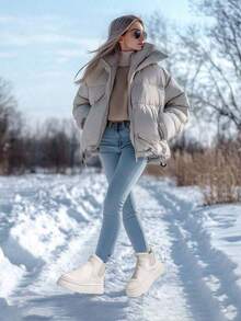 Women's Ankle Boots, Fleece Lining, Thick Warm Boots, Slip-On, Elastic, Platform, Snow Boots, Suede, Short Tube, Round Toe, Simple, Durable, Non-Slip, Plus Size, Autumn/Winter - Beige - View 8