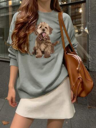 Ropa de mujer de otoño, suéter crema con diseño de perro, ropa escolar, ropa de regreso a clases, blusas lindas para mujeres, ropa estilo Y2K, ropa de calle estilo "old money", atuendos de maestra para mujeres