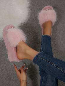蓬松人造毛皮套脚拖鞋，厚底毛绒拖鞋，优雅坡跟厚底，适合秋冬季节，女士 - 粉色 - 查看 4