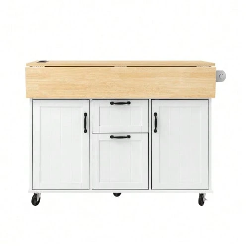 Kitchen Island On Wheels, Extendable Dining Table, Mobile Kitchen Island With Drawers And Towel Rack, Mobile Kitchen Cart With Power Strips, Ideal For Kitchen And Dining Room (Black) - White - View 1