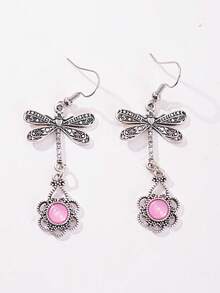 2pcs Vintage Dragonfly Filigree Earrings Pink Moonstone Dangle Earrings Bohemian Style Women's Dangle Earrings Suitable For Going Out Holiday Events Party Gathering And Jewelry Gifts - Antique Silver - View 5