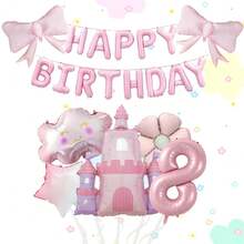 Conjunto de globos de aluminio con forma de castillo, lazo de color rosa mate, nube rosa y bandera de letra, adecuado para decoración de fiesta de cumpleaños, decoración del hogar - Multicolor - Ver 13