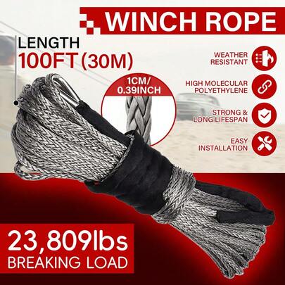 Car Synthetic Winch Rope Line 2/5" X 100ft Grey Recovery Cable 4WD ATV Heavy Duty Rope Wrapped In A Loop 10MM X 30M 23000LBS