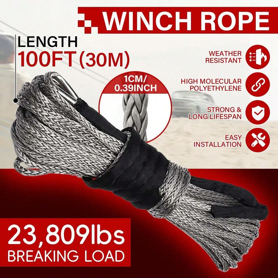 Car Synthetic Winch Rope Line 2/5" X 100ft Grey Recovery Cable 4WD ATV Heavy Duty Rope Wrapped In A Loop 10MM X 30M 23000LBS - Grey - View 1