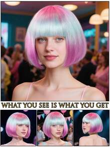 Fashionable Women's Bobbed Wig With Short Bangs, Multicolor Anime Cosplay Wigs For Party, Available In Pink, Green, Black, Gold, Red, Brown, Blue, White, Purple, Orange, Yellow, Rainbow And Other Vibrant Colors, Suitable For Holidays, Anime Conventions, Celebrations, Daily Wear, Also Great As Birthday Gifts. Retro 80s Punk Rock Style Wigs Also Available. - Multicolor - View 10