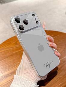 1pc Customized Minimalist Silver Apple Design Luxury Fashion Large View Tempered Glass With Lens Protection Matte Anti-Drop Phone Case Compatible With Iphone 17/17Pro/17ProMax/17Air/16/16Pro/16ProMax/16Plus/15/15Plus/15Pro/15ProMax/14/14Plus/14Pro/14ProMax/13/13Pro/13ProMax/12/11 Phone Accessories, Full Coverage High-End Protective Cover