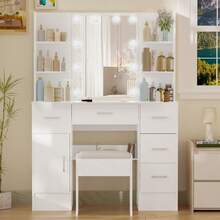 Makeup Vanity Desk With Lighted Mirror, 3 Color Light Modes Adjustable Brightness Settings, Drawers And Storage Shelves For Storage, Bedroom Furniture, Dressing Table, Christmas Birthday Gift For Women - White - View 6