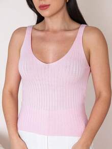 Women's Basic Ribbed Modal Knit Tank Top With Wide Straps, Casual Knit Summer Blouse - Rose - View 3