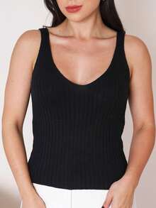 Women's Basic Ribbed Modal Knit Tank Top With Wide Straps, Casual Knit Summer Blouse - Black - View 1