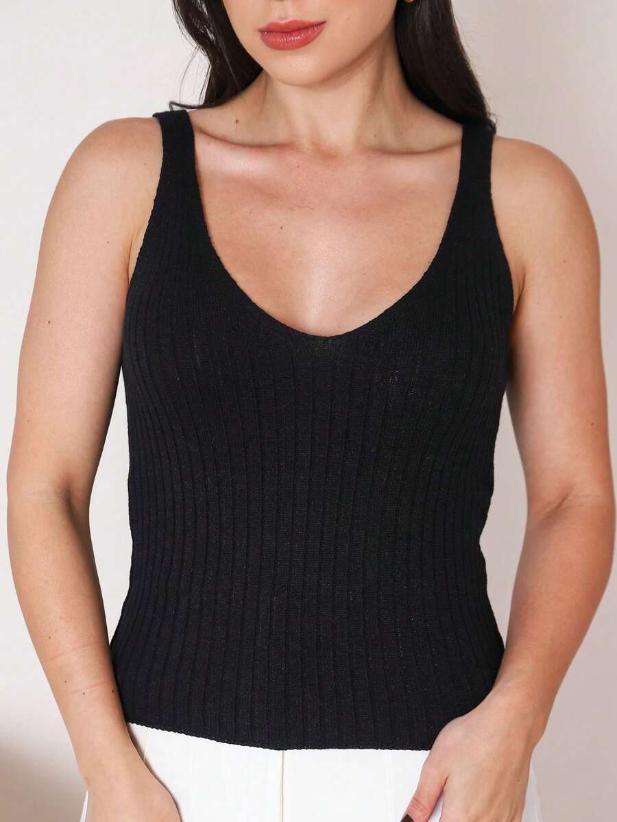 Women's Basic Ribbed Modal Knit Tank Top With Wide Straps, Casual Knit Summer Blouse - Black - View 1