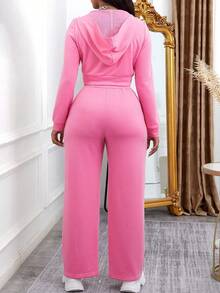 Conjunto Deportivo Rosa Claro con Chaqueta Corta de Capucha y Pantalón Alto Ajustado - Estilo Moderno y Cómodo para Mujer, Outfit Casual o Gimnasio - Rosa Fucsia - Ver 3