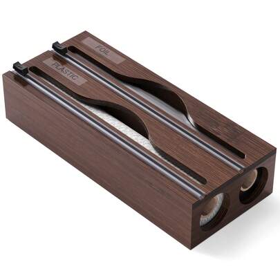 1pc 33.2*14*7cm Bamboo Wrap Dispenser Box, Aluminum Foil And Cling Film Storage Container With 2 Cutters, Natural Rectangular Shape, Ideal For Cutting Cling Wrap And Foil, Perfect For Kitchen