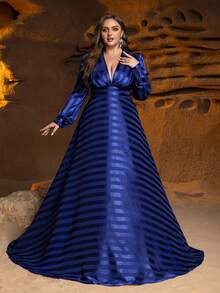 فستان سهرة رسمي بأكمام فانوس وياقة على شكل V مع تصميم مخفف للجسم مناسب لحفلات العشاء والمناسبات الخيرية والزفاف الراقي