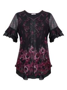 CheersLife Women's Short Sleeve Tunic Tops Casual Loose Fit Floral Blouses Mesh Pleated Layered Shirt - Black - View 1