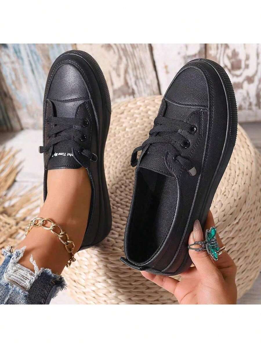 Women's White Classic Versatile Round Toe Slip-On Casual Lace-Up Soft Comfortable Flat Outdoor Sports Casual Sneakers, Simple Shoe Upper, Smooth Lines, Overall Clean And Neat. Suitable For Spring, Summer, Autumn, Daily Outings, Campus, Holidays, Street Fashion Matching - màu đen - Xem 1
