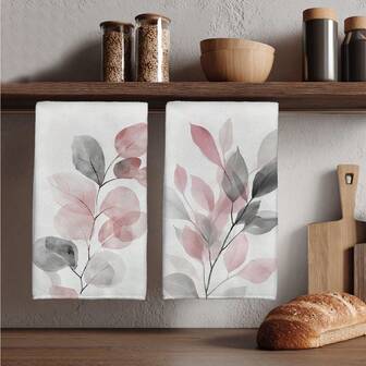 MEMNUN 2pcs Watercolor Pink & Gray Leaf Pattern Kitchen Towels, 15.75*23.62in (40*60cm), Made Of Super Soft Microfiber With Strong Absorbency, Perfect For Dish Drying, Tea Cups, Bathroom & Dining Decor, Cooking & Baking