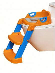 1件装可调节阶梯式儿童便盆椅，男女通用，可折叠训练座椅带梯子，舒适PU软垫 - 彩色 - 查看 3