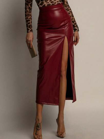 Solid Color High Slit Skirt, PU Leather Bodycon Skirt For Party & Date Night