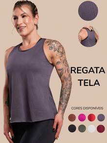 Women's Basic Plain Tank Top, Racerback Style, Mesh, Gym T-Shirt, Lightweight Fabric, Perforated, RIQ Modas - 灰色 - 查看 1