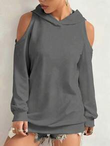 Áo hoodie dài tay trễ vai màu trơn dành cho nữ cỡ lớn - Màu xám đen - Xem 1